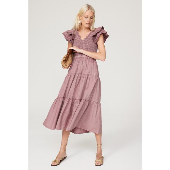 Sea‎ New York Heidi Heart Smocked Dress Mauve Open Back Tie Tiered Sz 00 - Picture 1 of 14